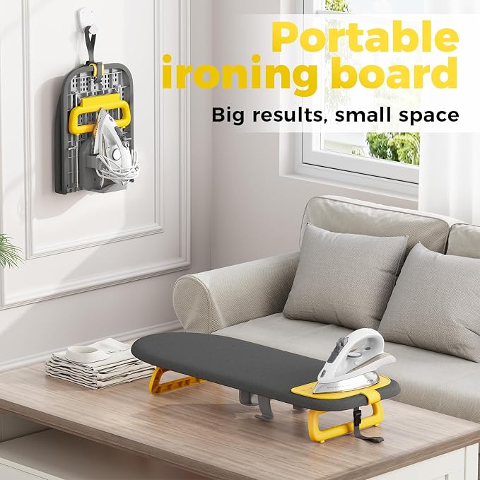 KINGBOARD Tabletop Ironing Board, Small Ironing Board with Iron Holder, Foldable Mini Iron Board, Easy Storage for Travel & Dorm, 12x32 Black & Orange