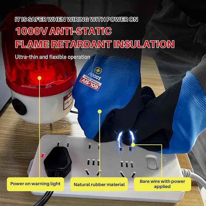 Electrician Gloves, 1000V ASTM D120 Certified, Blue Large | Double insulated.Class 0 rated.High voltage rubber safety work gloves for electrical maintenance & utility work.
