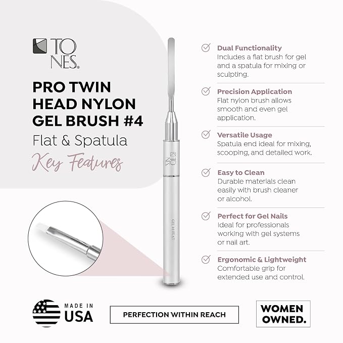 Tones Twin Head Nail Art Gel Brush - Brush for Gel Nails - Ultra Precise Nail Sculpting and 3D Nail Art Brush for Gel (#4 Flat & Spatula)