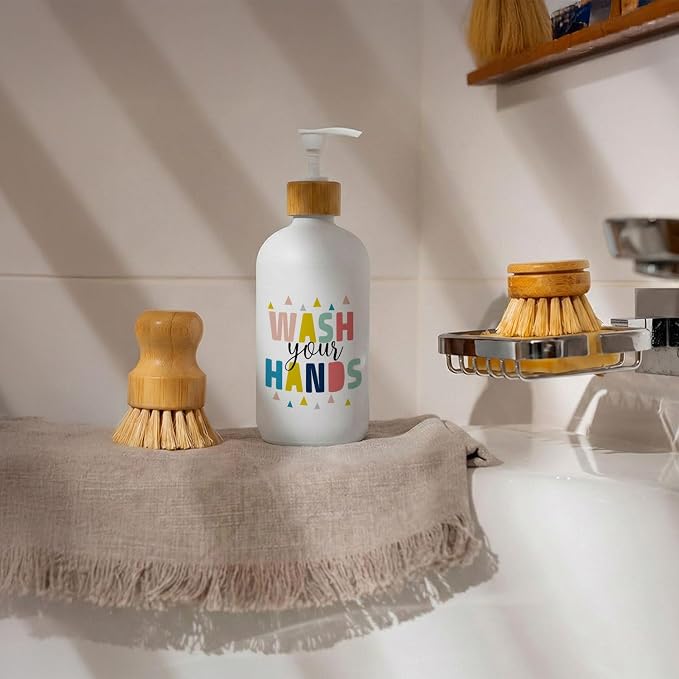 Kids Bathroom Decor Soap Dispenser, Wash Your Hands Glass Soap Dispenser, Colorful Boho Refillable Handsoap Pump Bottle for Bathroom Washroom Countertop