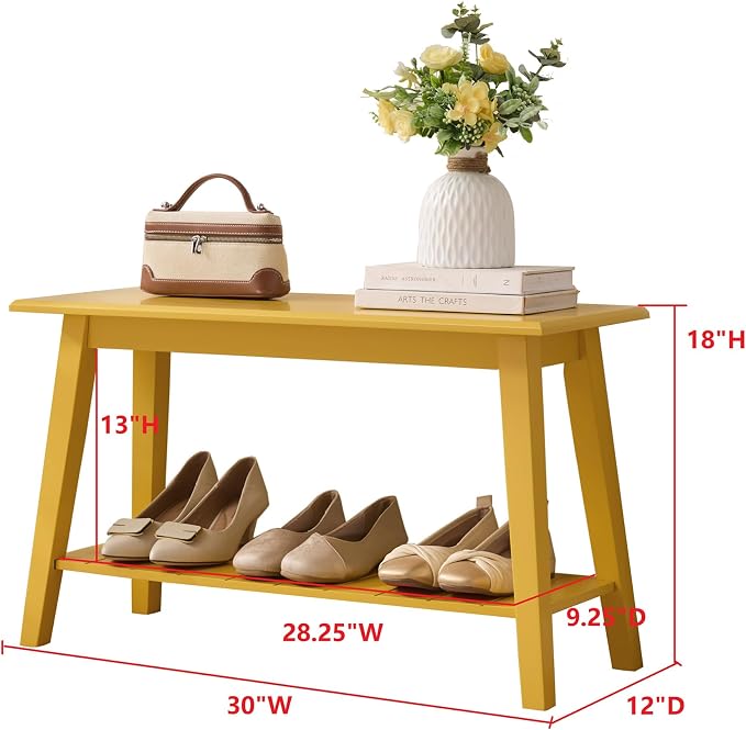 KB Designs - Contemporary Rectangle Storage Bench with Streamlined Design Polished Bottom Shelf for Books Shoes and Magazines Versatile Seating and Entryway Organization - Banana