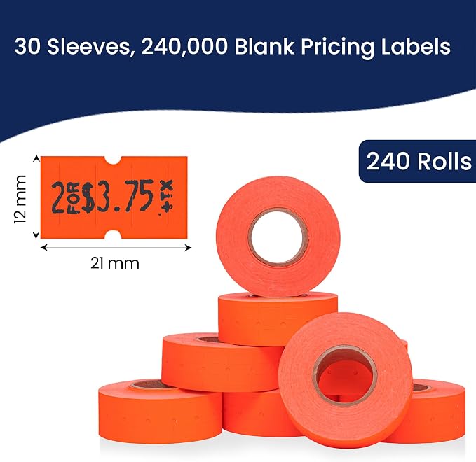 Perco 1 Line Fluorescent Red Labels - 240,000 Blank Pricing Labels for Perco Lite, X, Plus and Pro 1 Line Price and Date Guns - 240 Rolls, Case of 30 Sleeves - Made in USA