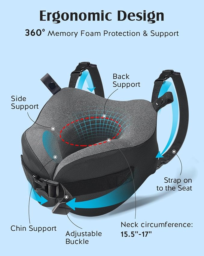 YFONG Travel Pillow for Long Flight Airplanes, Head Strap Combo with 3D Contoured Eye Mask for Sleep, Neck Pillow for Car Trip Essential, 360° Support Memory Foam Headrest, Prevent Head Bobbing, Pink