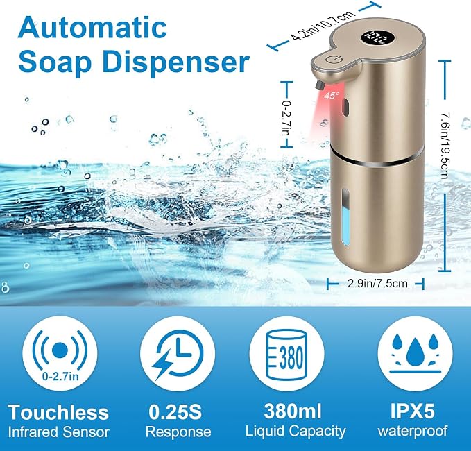 OHIFAST Automatic Foaming Soap Dispenser Touchless, USB Rechargeable Smart Hand Soap Dispenser, 6-Level Adjustable, 12.8oz/380mL Wall Mounted for Bathroom Kitchen Dish Soap-Gold