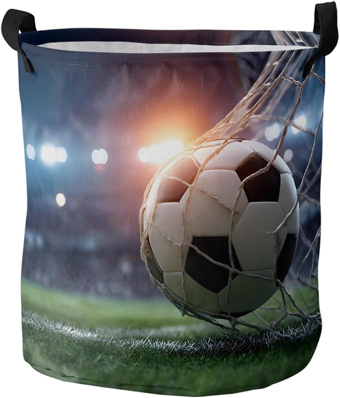 Collapsible Laundry Basket 42L, Football Storage Bin Laundry Hamper with Handles, Goal Net Soccer Sports Orange Blue Green Waterproof Clothes Baskets for Bathroom/Bedroom 13.8 x 17 In