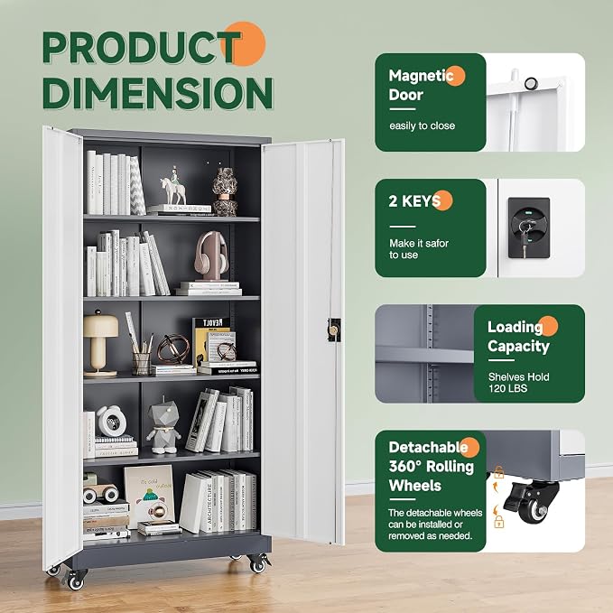 Metal Garage Storage Cabinets with Lock Door and Adjustable Shelves, Steel Tool Cabinets for Home,Office,Warehouse Organisieren (Grey White, 75" H)