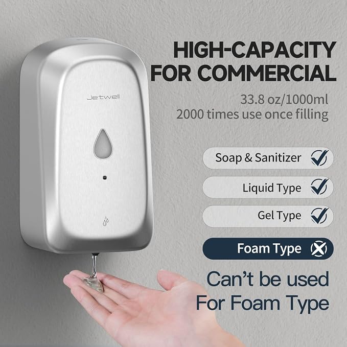 JETWELL Automatic Touch-Less Wall Mount Hand Soap Dispenser Liquid Drop Battery Operated, Brushed Stainless Steel Cover Large Capacity 34OZ/1000ML for Kitchen Home Commercial Bathroom | Brushed Cover, Large Capacity, Battery Powered, Liquid Soap, Comme...