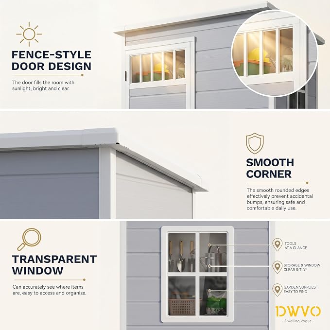 DWVO 5x3FT Outdoor Storage Shed with Fence-Style and Side Windows, Floor & Lockable Doors, Resin Storage Shed for Backyard and Garden, Gray