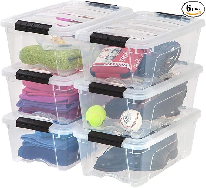 IRIS USA 13 QT Plastic Storage Box with Lid and Latches - 6 Pack - BPA-Free, See-Through Organizing Solution, Durable Nestable Stackable Containers, Secure Pull Handle - Clear