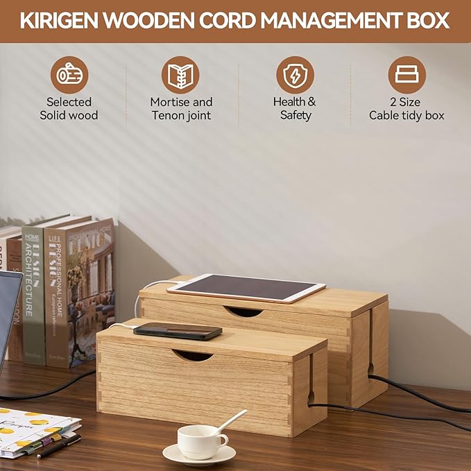 KIRIGEN Wooden Cable Management Box Set of 2, Cord Organizer, Natural | Large and Small Solid Wood Boxes with Removable Lids for Power Strips, Chargers, Routers, and Desks Home Office