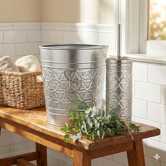 Autumn Alley Brushed Nickel Bathroom Trash Can and Toilet Brush Set – 2-Piece Silver Metal Bathroom Accessories Set, Modern Farmhouse & Transitional Bathroom Decor