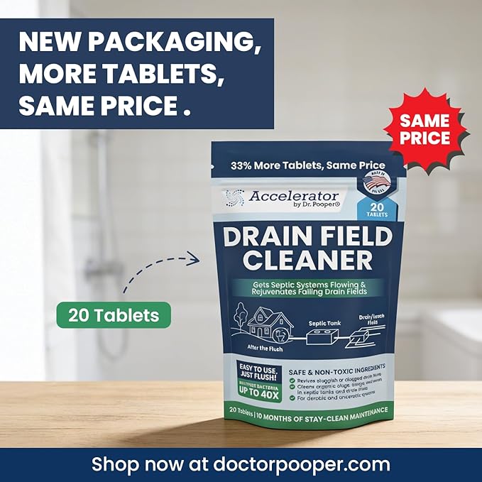 Accelerator by Dr. Pooper Drain Field Cleaner Tablets (20 Count) - Septic Tank Treatment for Clogs, Odor & Sludge - 90% Less Plastic - 10 Month Supply - Aerobic & Anaerobic Systems - Easy Flush