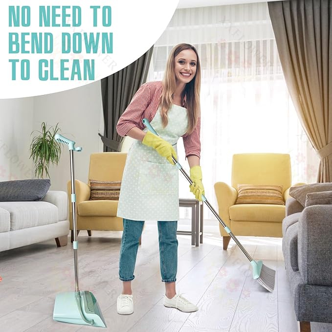 XXXFLOWER Broom and Dustpan Set with Cleaning Teeth, 54.5" Long Handle Indoor Sweeping Combo for Home Office Kitchen, Bluish Green