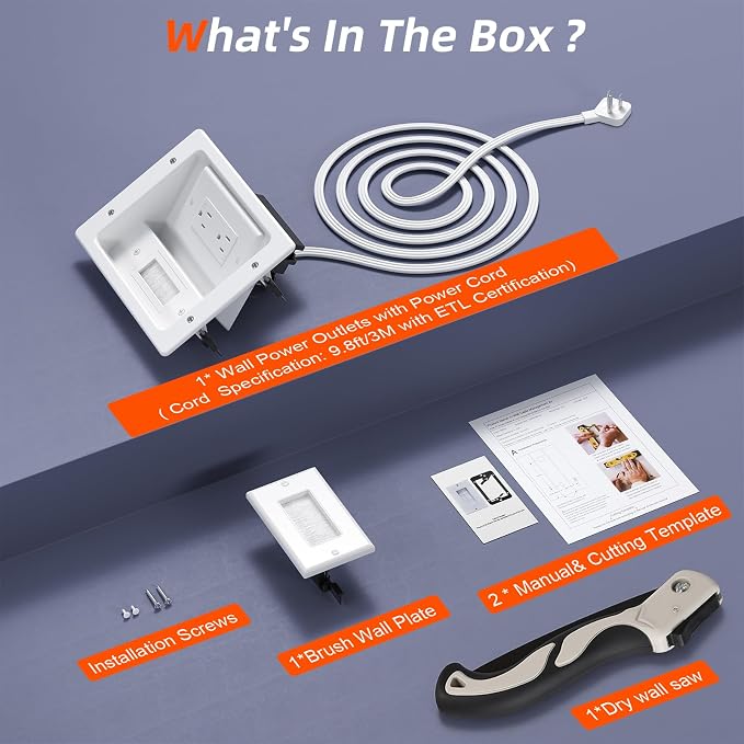 in Wall Cable Management Kit,TV Cable Hider Wall Kit with Brush Wall Plate and 9.8FT Cord,2 AC Outlets,Recessed Outlet Box for Wall Mount TV Home Theater Setups Cords Organizer