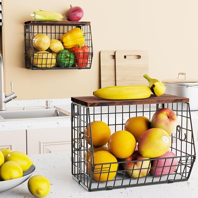 Mefirt 2pcs Fruit Basket Kitchen Storage Basket with Wood Lid, Stackable Wall Basket Fruit Basket for Kitchen, Countertop Organizer for Snack, Fruit and Veggie Storage, 11.8 x 7.9 x 8.5 Inch