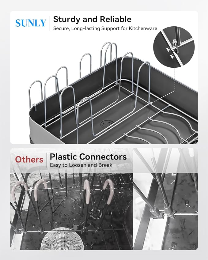 Dish Drying Rack, Expandable 304 Stainless Steel Kitchen Organizer, Black | 304 Stainless Steel for Rust Resistance, Auto-Drainage for a Dry Countertop, Flexible Storage for Dishes, Pans & Utensils