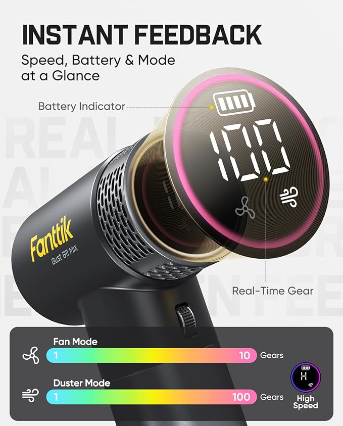 Fanttik Gust B11 Mix 110000RPM Compressed Air Duster, 2-in-1 Electric Air Duster & Portable Fan, 100 Stepless Gears, One-Tap Booster, Rechargeable Dust Blower for PC, Electronics, Outdoor Cooling