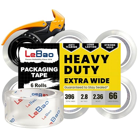 Heavy Duty Clear Packing Tape with Dispenser – 6 Rolls Pack Tape, 2.36 Inch x 66 Yd, 2.8 Mil – Strong Adhesive Package Tape for Moving & Shipping Supplies