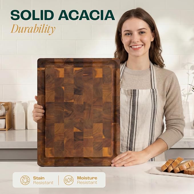 Yes4All Durable Acacia Cutting Boards for Kitchen, [17''Lx13''Wx1.5” Thick] Medium End Grain Cutting Board, Pre Oiled Wood Cutting Boards, Thick Chopping Board w/Juice Grooves and Easy Grip Handle