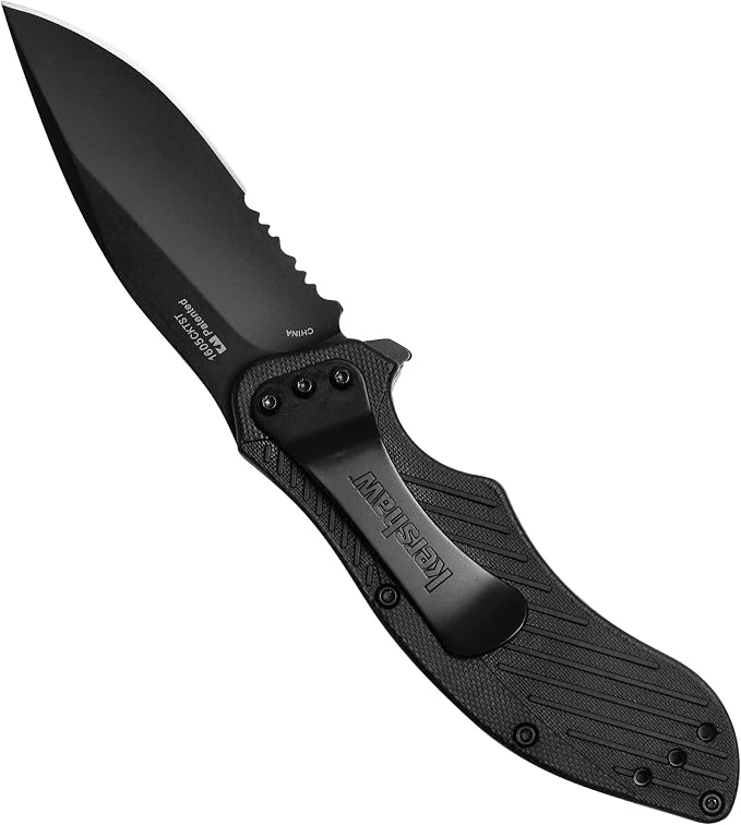Kershaw Clash Black Serrated Pocketknife, 3" 8Cr13MoV Steel Drop Point Blade, Assisted One-Handed Flipper Opening, Folding Utility EDC | 3.1 Inch Steel Drop Point Partially Serrated Blade, Assisted Opening, Reversible Clip, For Men and Women