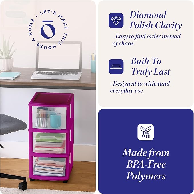 HOMZ Drawer Tower, 3-Tier Clear Plastic Storage Organizer Cart, Purple Frame - Rolling Drawer Containers with Wheels for Bathroom, Bedroom, Office, and Classroom Organization