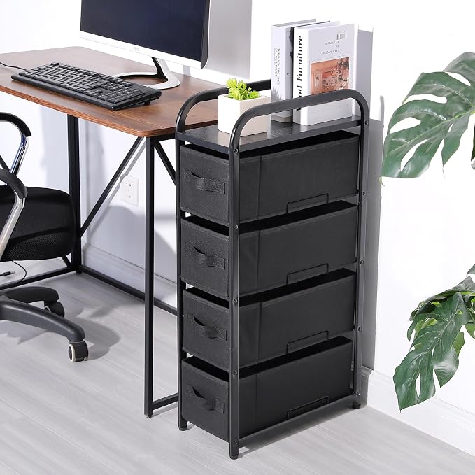 MAX Houser 4 Drawer Narrow Dresser Fabric Storage Tower Vertical Slim Storage Chest Organizer Nightstand Side/End Table Small Standing Organizer Removable Drawers Wood Top for Bedroom, Bathroom（Black