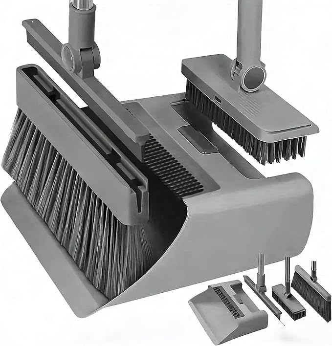 4-in-1 Broom and Dustpan Set with Floor Scrubber & Squeegee, 180° Rotatable Head, Self-Cleaning Teeth, Non-Stick Hair, Foldable Storage, Heavy Duty Cleaning Kit for Home Kitchen Office (Gray)