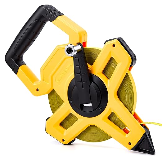 328ft/100m Open Reel Long Tape Measure, 1/2" Nylon-Coated Steel Blade, Dual Inch/Metric Scales, ABS Impact-Resistant Case for Construction, Surveying Yellow