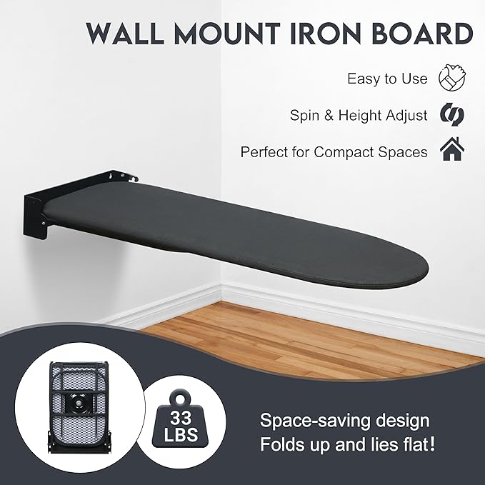 Wall Mounted Ironing Board,Space-Saving Compact Wall Mount Fold Down Iron Board for Laundry Room, 36" x 12", Black
