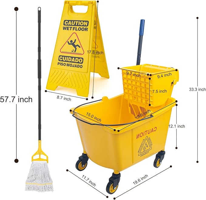 Kefanta 35 Qt Side Press Wringer Combo Commercial Mop Bucket on Wheels Set,Yellow,Include 1 Heavy Duty Industrial Mop for Floor Cleaning and Wet Floor Caution Sign