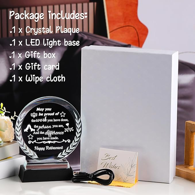 Happy Retirement Gifts for Woman Men Crystal Retirement Plaque Gifts with LED Light Base 2026 Glass Keepsake for Retired Boss Friend Coworker Teacher Going Away