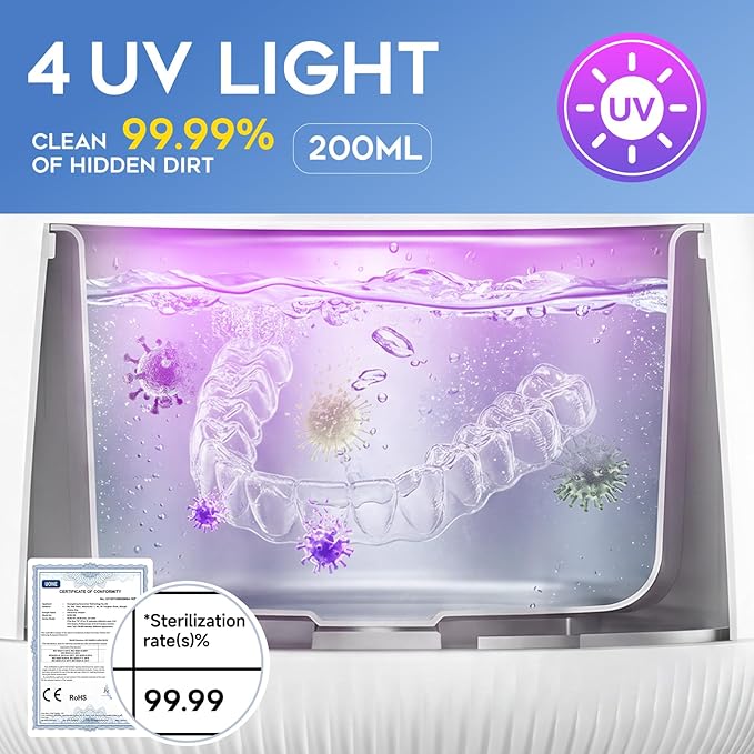 Ultrasonic Retainer Cleaner Machine, Dynamic 42-48kHz Dental Cleaning Pod with Digital Timer, 200ml Mouth Guard Cleaner Pod for Aligners, Night Guards, Dental Trays, Braces & Toothbrushes (White)