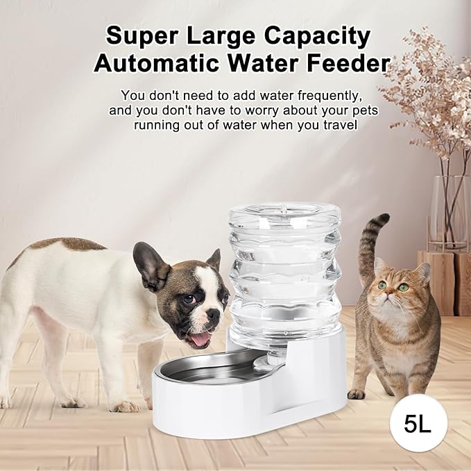 RIZZARI 5L Gravity Cat Water Dispenser: Filtered for Small Pets | Reduced Refills / Stainless Steel Bowl / Anti Splash Base /BPA-Free Materials/ Easy Cleaning / Kitchen Living Room Use