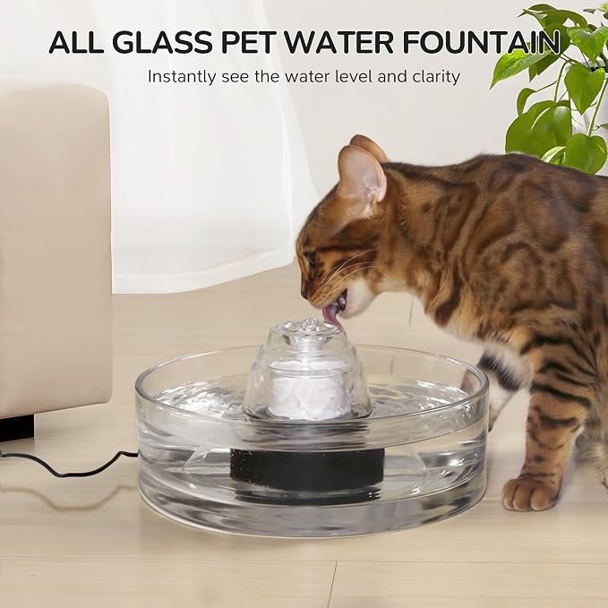 2.7L Glass Pet Fountain –Transparent Glass Cat Water Fountain & Little Dog Drinking Bowl– Automatic Cat Water Dispenser