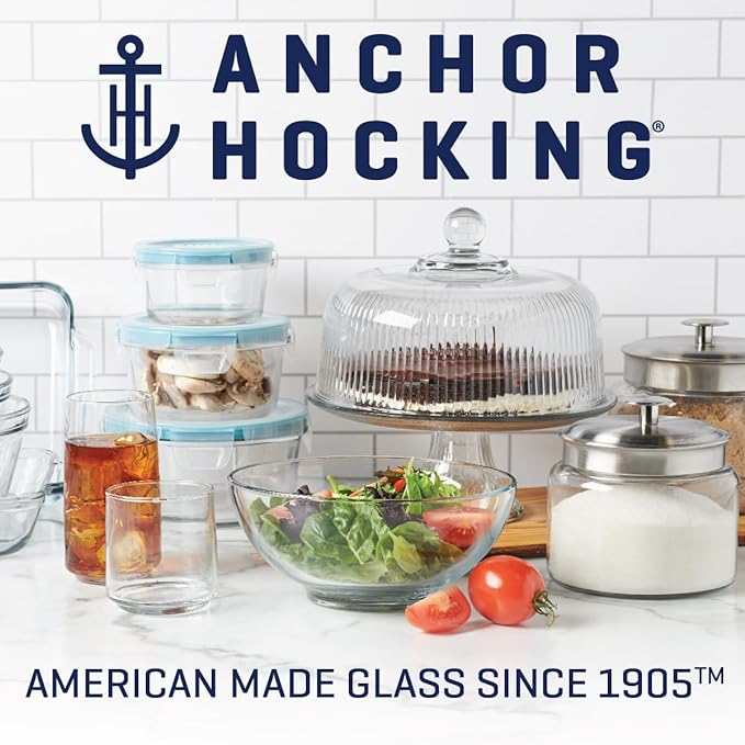 Anchor Hocking 18 Piece Glass Storage Containers with Lids (9 Glass Food Storage Containers & 9 Mixed Blue SnugFit Lids)