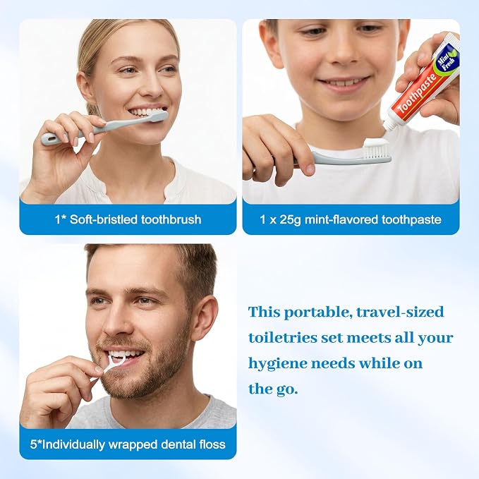 Travel Toothbrush Kit Includes Travel-Sized Toothbrushes, 25g Travel Toothpaste, 5 Floss Picks, a Travel Toothbrush Holder, Ideal for Home, Hotels (Blue, Pink, 4-Pack)