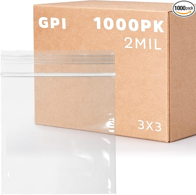GPI - 1000 Count, 3" x 3" Clear Plastic Square Zip Bags, 2 Mil Thick, Strong & Durable Poly Baggies with Resealable Zip Top Lock for Travel, Storage, Packaging & Shipping