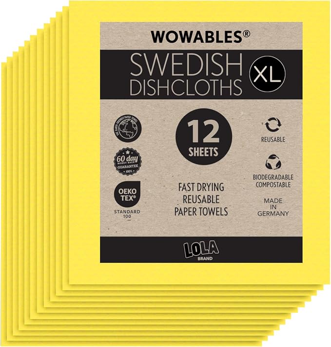 Swedish Dishcloths for Kitchen XL, 12 Sheet Roll, Biodegradable & Compostable, Reusable Paper Towel Cleaning Cloths, 11" x 10", No Odor, Washing Dishes, Ultra Absorbent Cellulose Sponge Towel, By LOLA