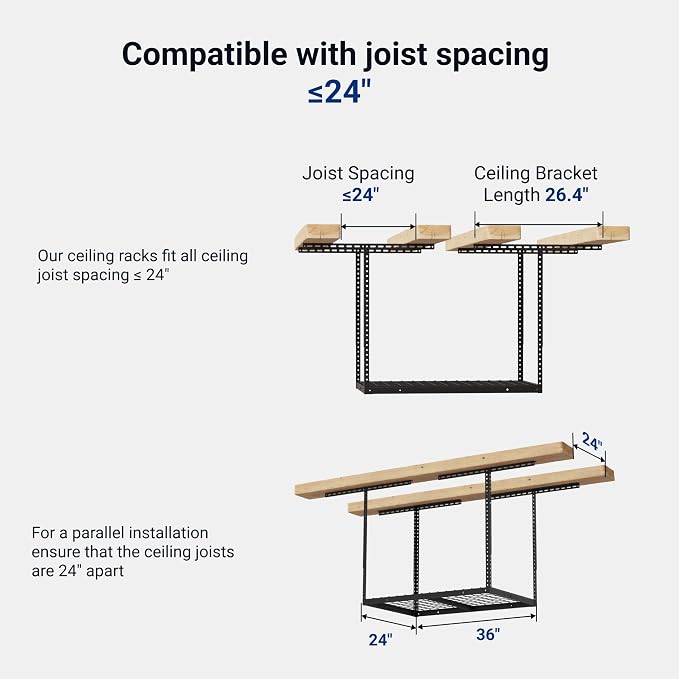 FLEXIMOUNTS 2x3 Overhead Garage Ceiling Storage Rack Organization, Black | 155lbs Weight Capacity, 22"-40" Adjustable Organization System, Heavy-Duty Metal Ceiling Racks, Classic Series