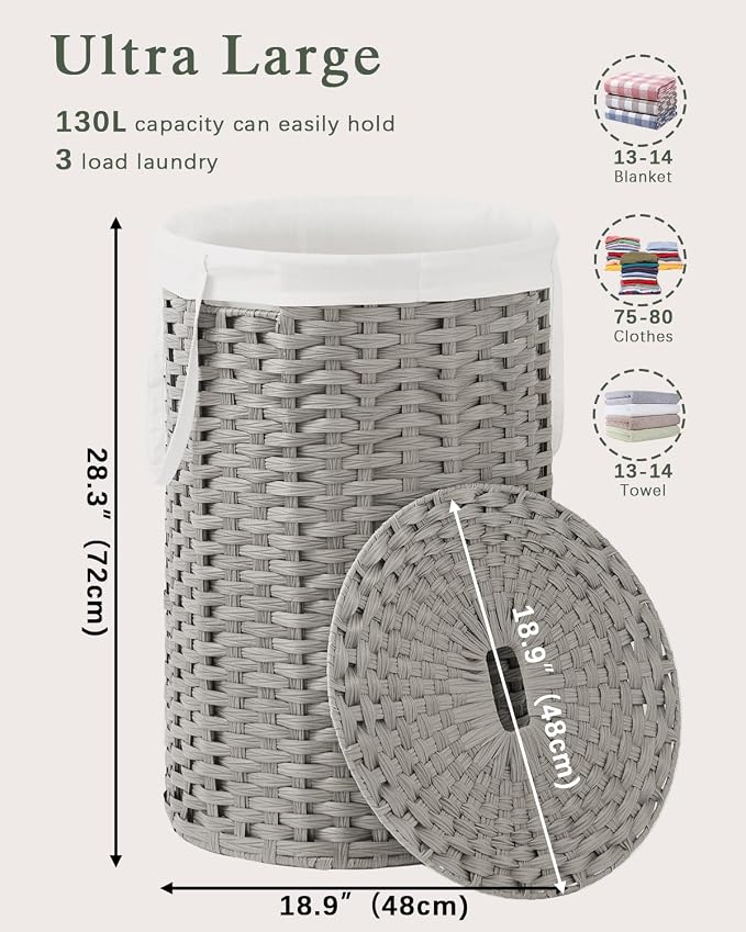SETVSON Large Laundry Hamper Laundry Basket with Lid, Round PE Rattan, Gray | 130L Large Woven Basket with Lid, Removable Washable Liner Bag, 2 Mesh Laundry Bags, Foldable Long Side Handles