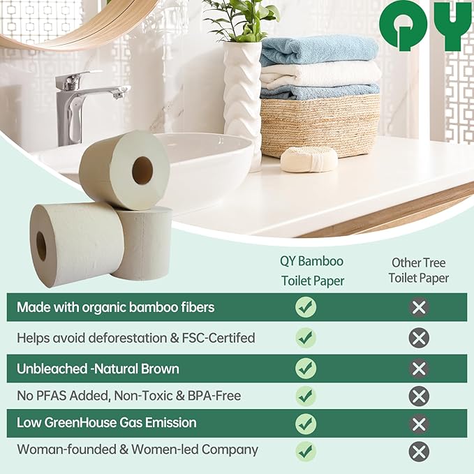 Premium Bamboo Toilet Paper 12 Mega Rolls, 3 ply, Septic Safe,Plastic-Free,Unbleached Brown,Tree-Free,Soft and Absorbent,Bathroom Tissue Rolls
