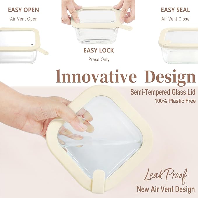 Glass Food Storage Containers with Glass Lids, Microwave Safe Food Container Set, Aitight Meal Prep Container Set, LeakProof, 100% Plastic Free, 6 Pack