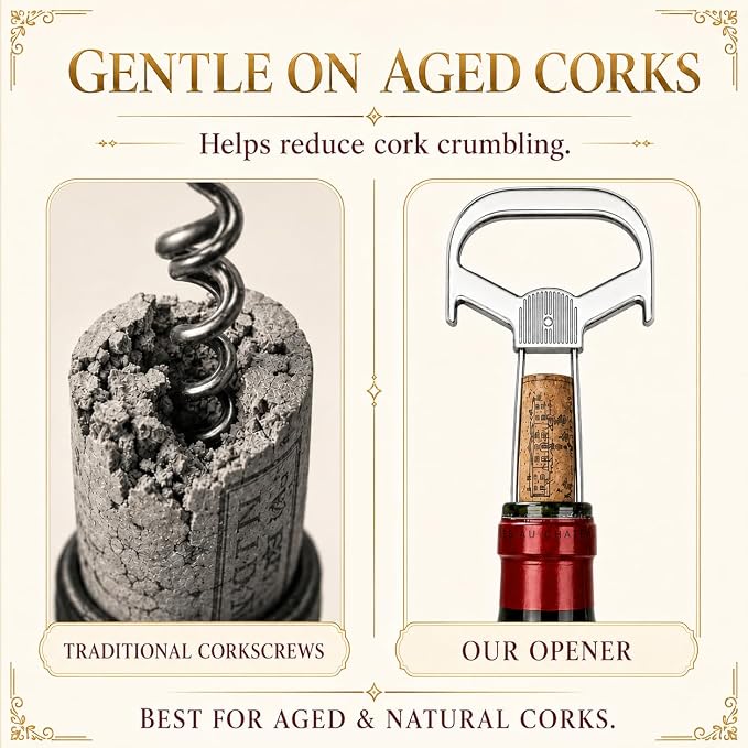 Ah So Wine Opener for Vintage Bottles, 2 in 1 Hybrid Cork Removal Device, Two-Prong Cork Remover for Older Fragile Corks, Classic Silver Tool for Wine Lovers & Collectors