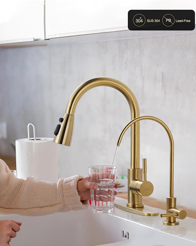 Kitchen Faucet and Water Filter Faucet Combo, WOWOW Stainless Steel Kitchen Sink Faucet with Drinking Water Faucet for Reverse Osmosis or Water Filtration System, Brushed Gold