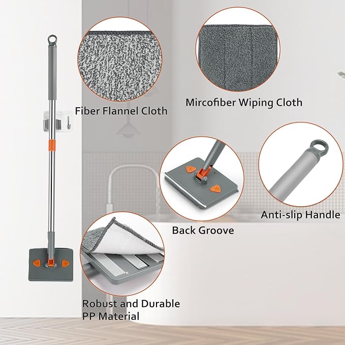 Base Board Cleaner Tool,Wall Cleaning Mop with 360° Rotation, 180° Folding Ceiling Duster Tool , Adjustable Long Handle for Effortless Walls, Window,Floor - 8 Replacement Cleaning Pads