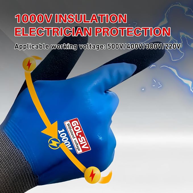 Electrician Gloves, 1000V ASTM D120 Certified, Blue Large | Double insulated.Class 0 rated.High voltage rubber safety work gloves for electrical maintenance & utility work.
