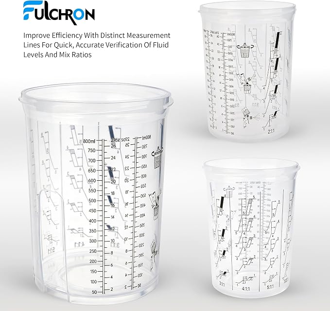 Disposable Paint Cups For Spray Gun, 27oz 125-Micron Mixing Cup With Lids | Fulchron 50PCS Paint Cup Liners with Lids, 2 Hard Cups & Adapters, Ideal for HVLP/LVLP Spray Gun 360° Spray & Less Cleanup