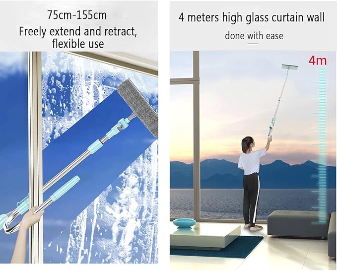 Window Cleaner Tool Kit with Telescopic U Shaped Pole,Squeegee for Window Washing,Water Sprayable,Rotatable Cleaning Head,Clean Inside and Outside Windows Without Leaving Dead Ends