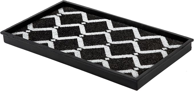 Anji Mountain Heavy Duty Waterproof Rubber Shoe Storage Mat Organizer/Boot Storage Multi Use for Entryway with Coir, Black and Ivory Diamond Insert, Fits 2 Pair (24.5" Wide)