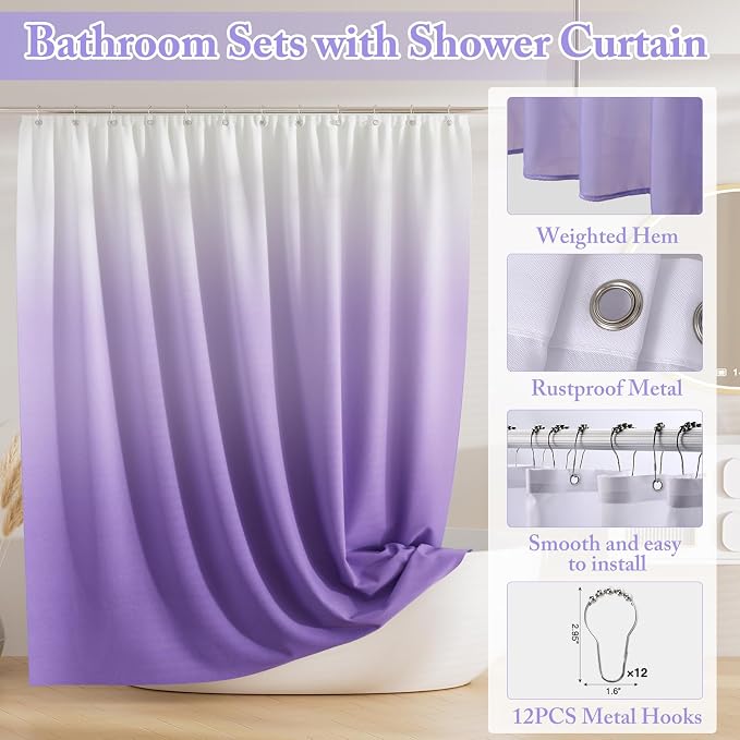 XLHOMO Bathroom Accessory Set - 24PCS Luxury Bathroom Accessories Set, Bathroom Sets with Shower Curtain and Rugs, Purple Bathroom Set with Trash Can, Toothbrush Holder & Soap Dispenser for Home Decor